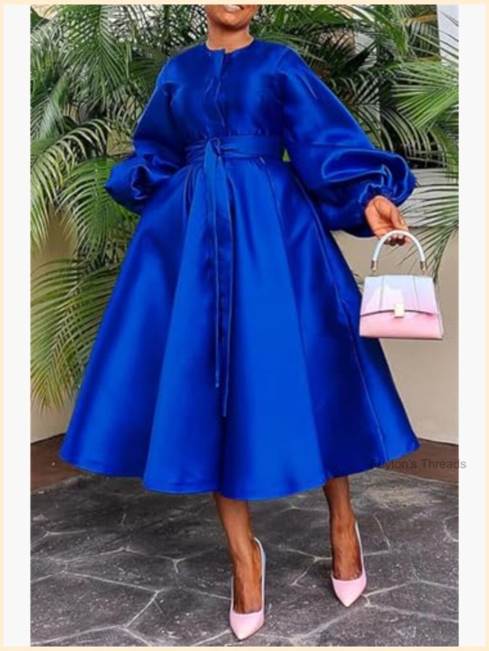 Long Sleeve Satin Dress Button Flowy A Line Formal Cocktail Dress with Belt - Picture 3 of 7